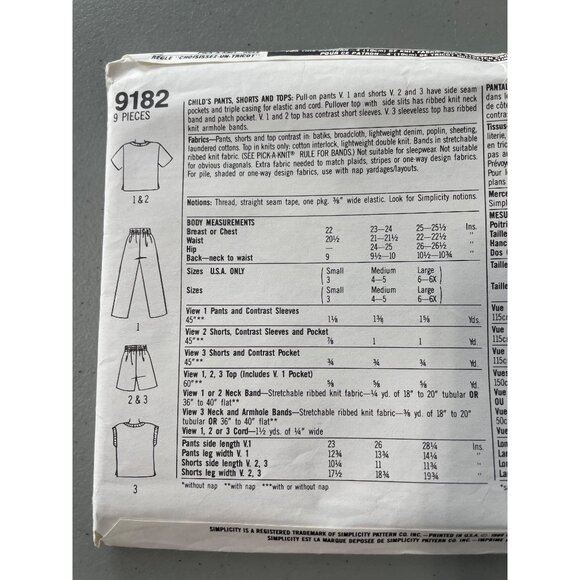 80s Simplicity 9182 Vintage Pattern Size A All Sizes Childs Pant Short Top UNCUT - Picture 6 of 8
